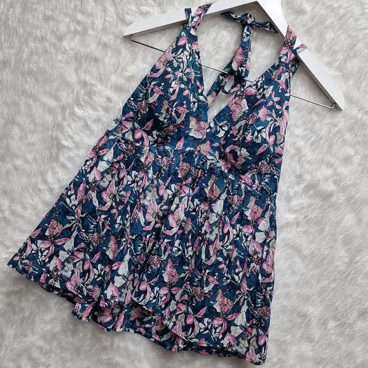 Blue Multy Color Printed Cotton Halter Neck Removable Padded Top