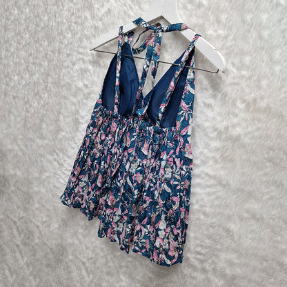Blue Multy Color Printed Cotton Halter Neck Removable Padded Top