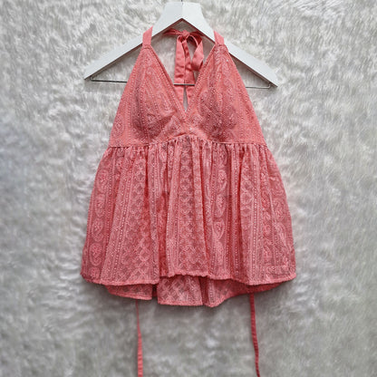 Peach Chikankari Chiffon Halter Neck Removable Padded Top