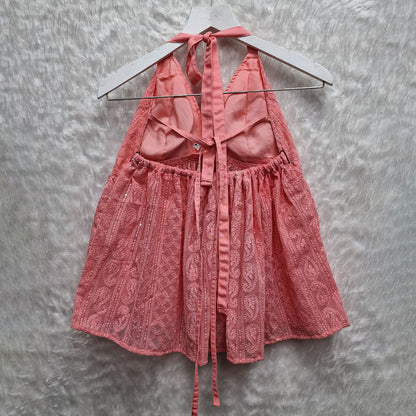 Peach Chikankari Chiffon Halter Neck Removable Padded Top