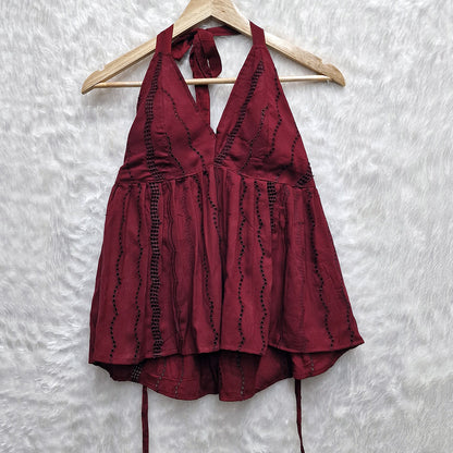 Maroon Halter Neck Hakoba Work Cotton Removable Padded Top