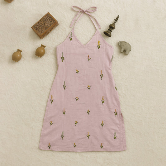 Blush Pink Cotton Sleeveless Kurti with Floral Embroidery