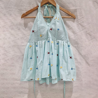 Pastel Breeze – Light Blue Halter Cotton Top with Multicolor Floral Embroidery