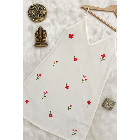 White Cotton Sleeveless Kurti with Red & Pink Floral Embroidery