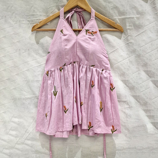 Blush Bloom – Light Pink Padded Halter Top with Floral Embroidery