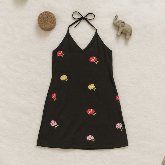 Black Cotton Sleeveless Kurti with Multicolor Floral Embroidery