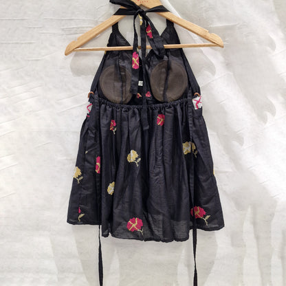 Blossom in Black – Embroidered Padded Top with Halter Tie-Up