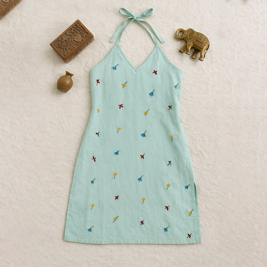 Mint Green Cotton Sleeveless Kurti with Multicolor Floral Embroidery