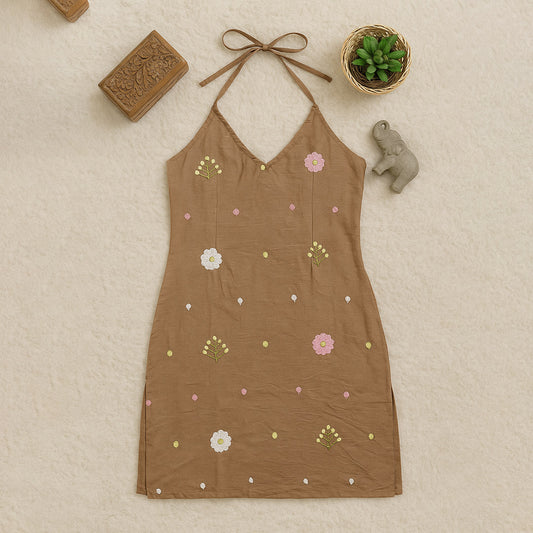 Brown Cotton Halter Kurti with Pastel Floral Embroidery