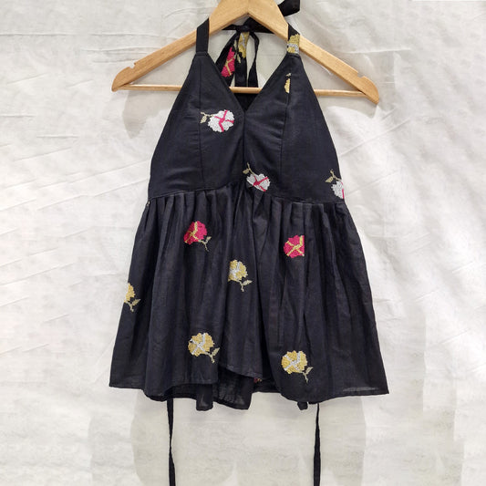 Blossom in Black – Embroidered Padded Top with Halter Tie-Up