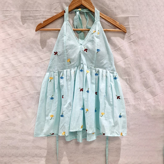 Pastel Breeze – Light Blue Halter Cotton Top with Multicolor Floral Embroidery
