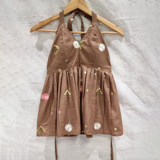 Earthy Bloom – Brown Halter Neck Cotton Top with Floral Embroidery