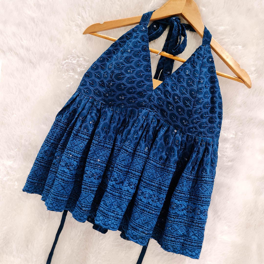 Teal Blue Chikan Halter Neck Cotton Removable Padded Top