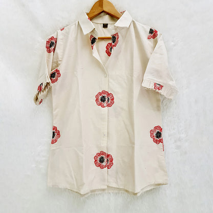 Milky White Embroidery Cotton Shirt & Red Chikan Bra Combo