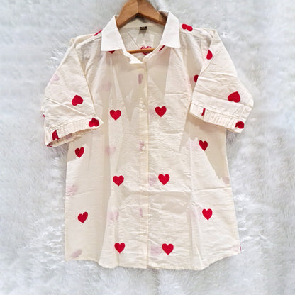 Heart Embroidered Cotton Shirt with Red Chikan Bra Combo