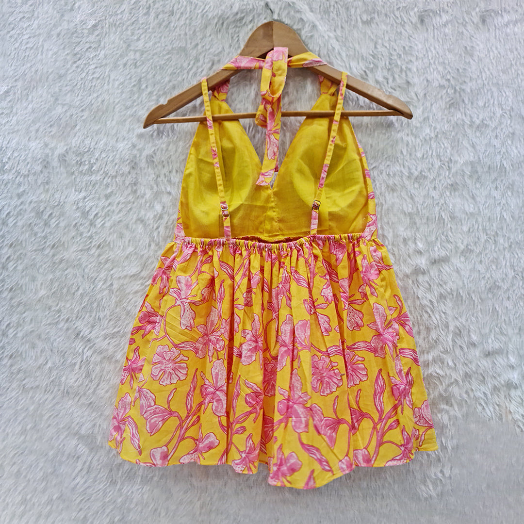 Bright Yellow Cotton Halter Neck Padded Top