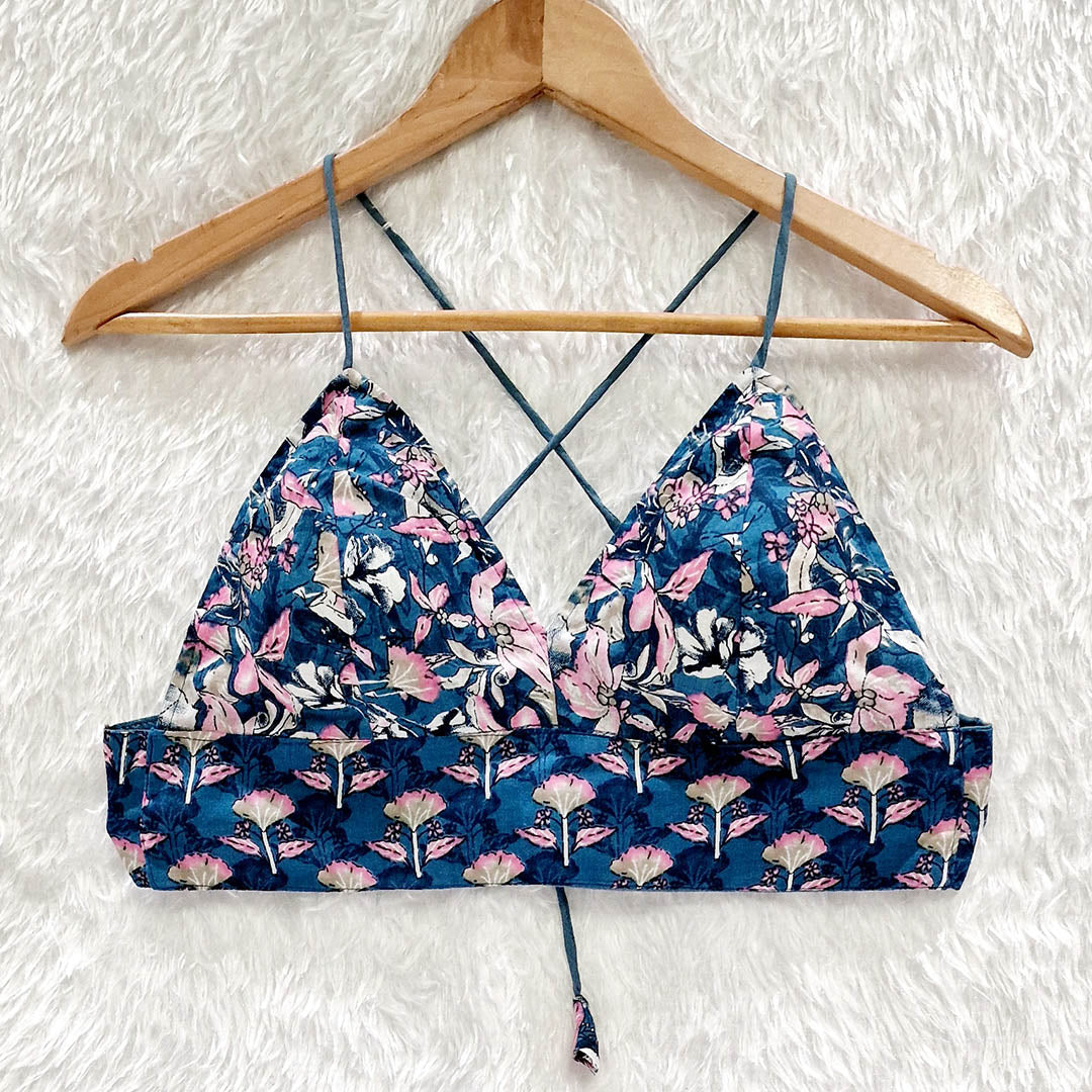 Teal Blue Floral Pure Cotton Bralette Top