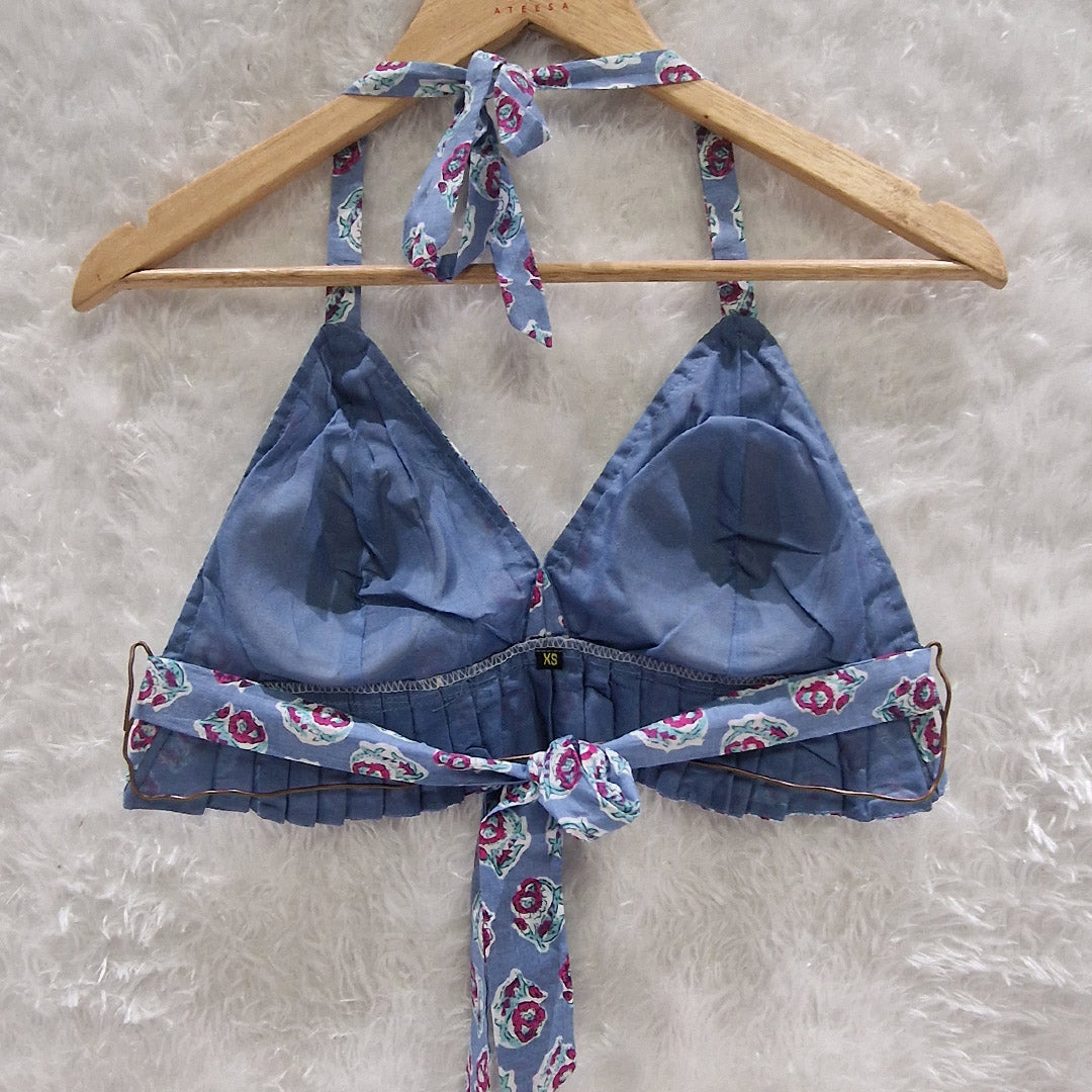 Light Blue Floral Printed Cotton Pleated Bralette Top