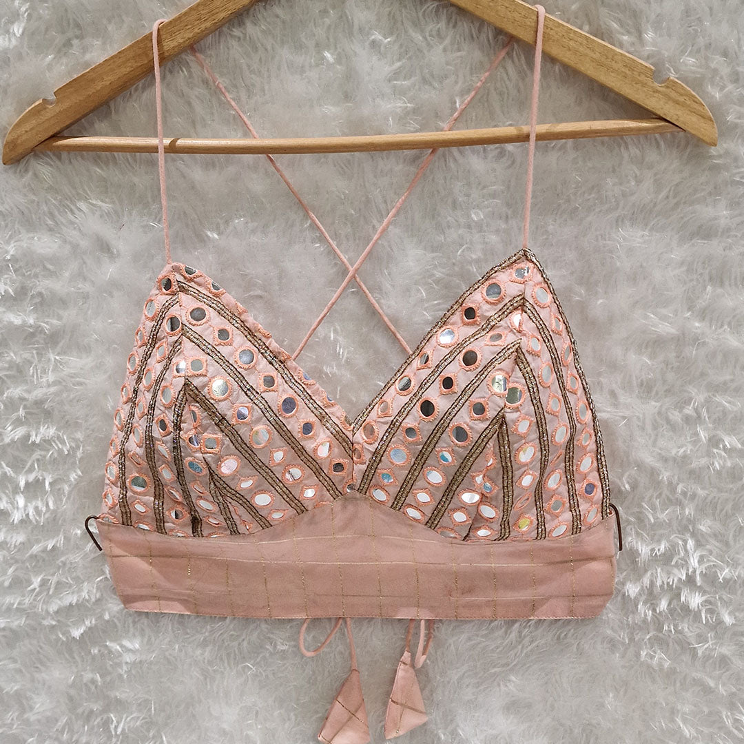 Peach Embrodiered Foil Mirror Work Padded Bralette Top