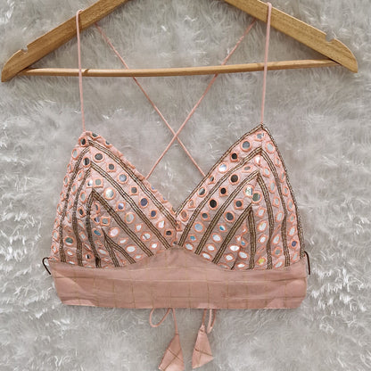 Peach Embrodiered Foil Mirror Work Padded Bralette Top