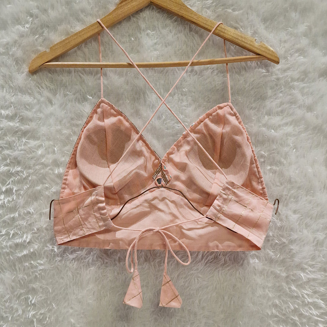 Peach Embrodiered Foil Mirror Work Padded Bralette Top