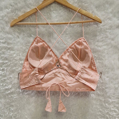 Peach Embrodiered Foil Mirror Work Padded Bralette Top