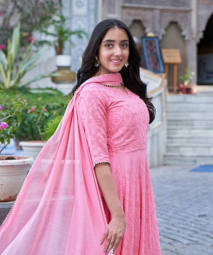 Tea rose Chikankari gown featuring intricate embroidery work