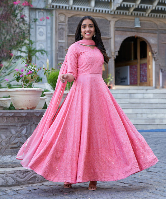 Tea rose Chikankari gown featuring intricate embroidery work