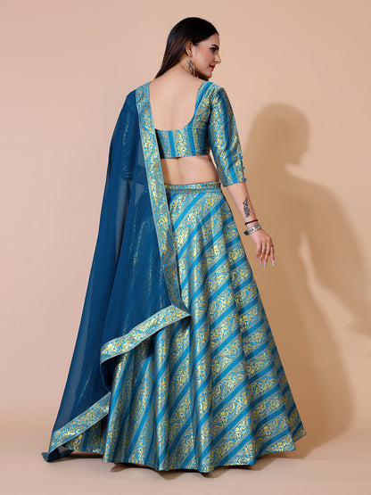 Stunning teal lehenga with a ready-to-wear blouse and matching dupatta, perfect for a festive occasion.