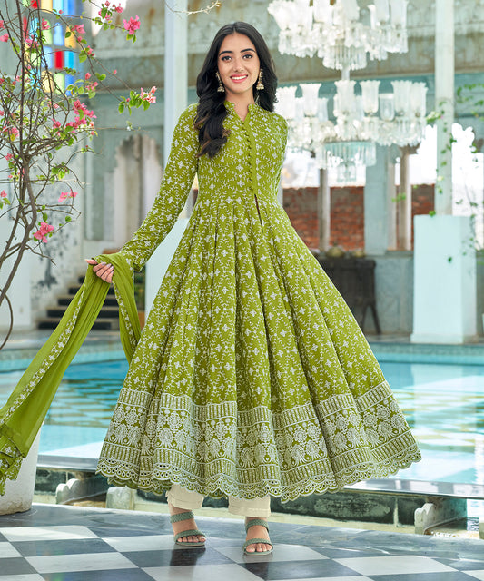 A graceful Tender Green Chikankari Suit Set, embellished with delicate chikankari embroidery for an elegant and refined appearance.