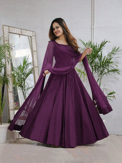 Purple Anarkali Gown In Rayon With Lucknowi Chikankari Work