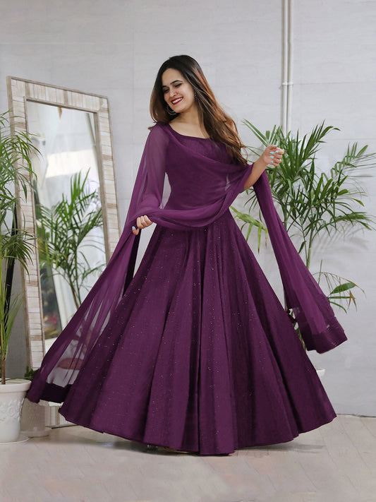 Purple Anarkali Gown In Rayon With Lucknowi Chikankari Work