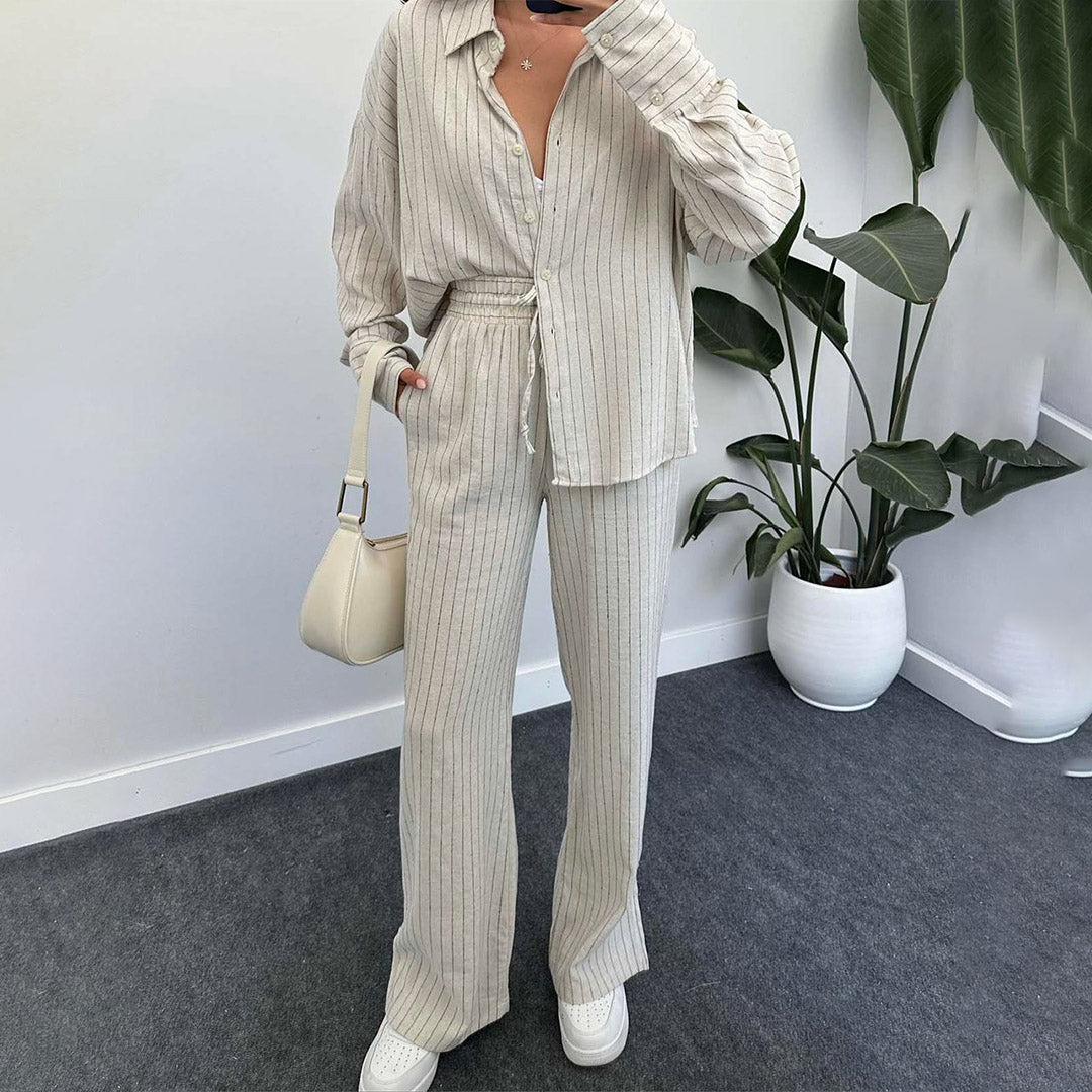 Beige Striped Linen Set