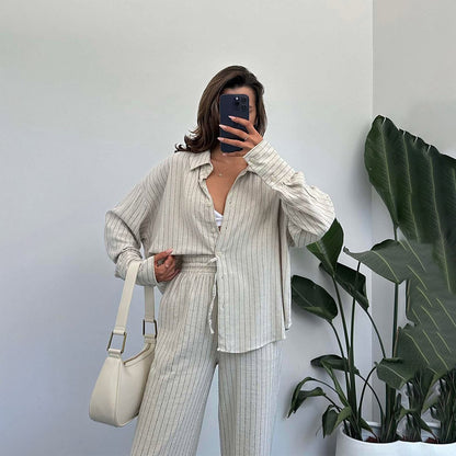 Beige Striped Linen Set