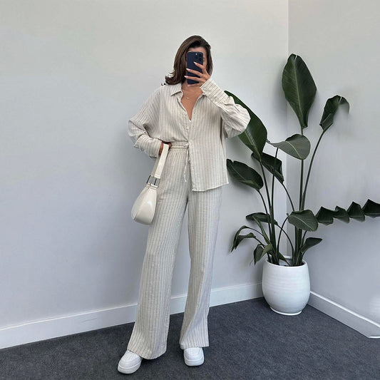 Beige Striped Linen Set