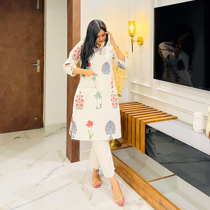 A-Line Linen Floral Printed Kurta And Palazzo Set