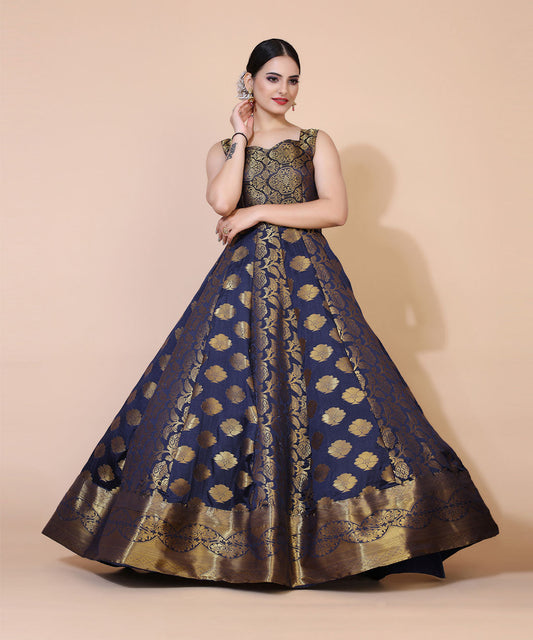 Women's navy blue jacquard maxi dress with intricate ethnic motifs, perfect for cultural and festive occasions.