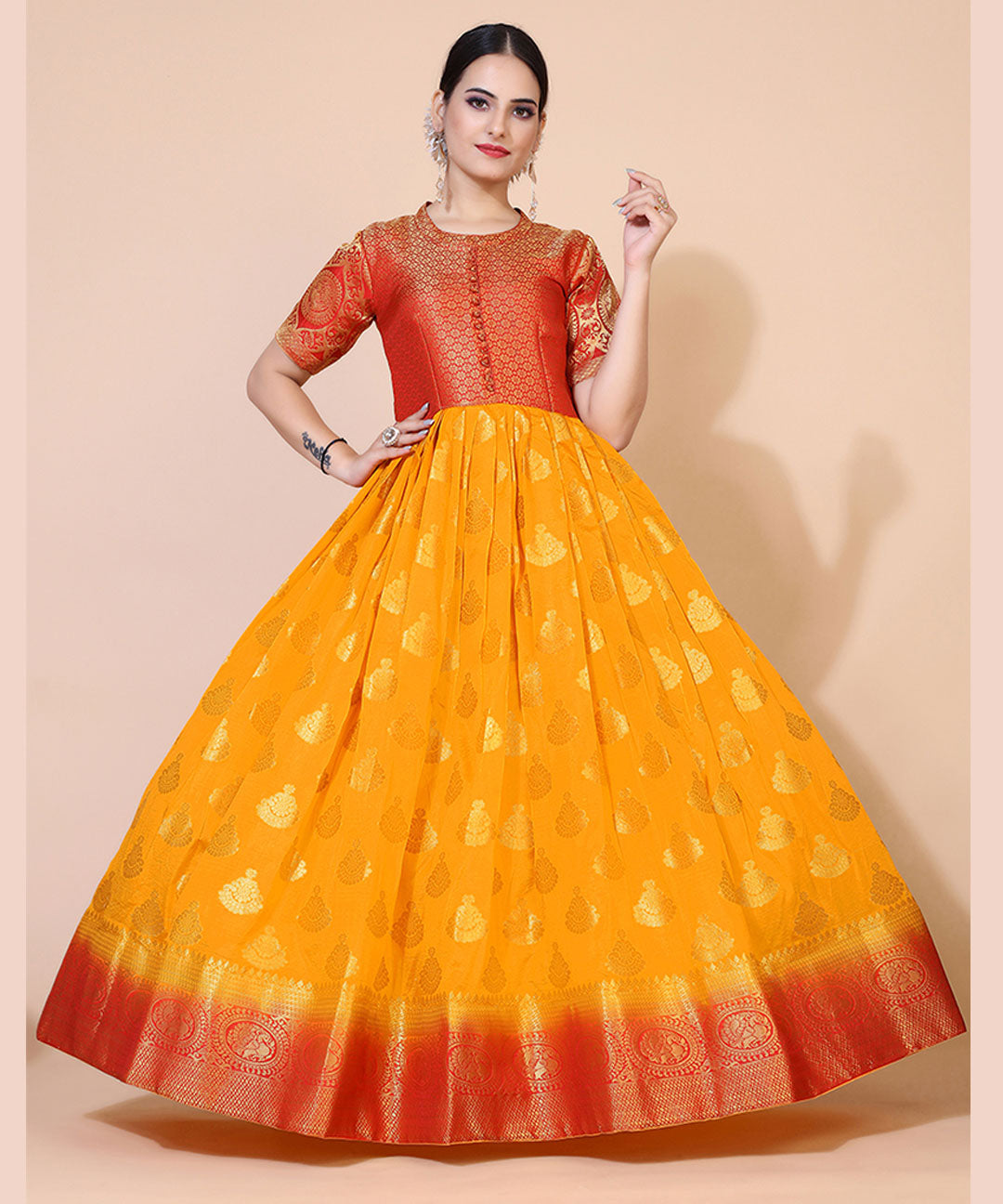 Yellow designer silk blend jacquard long gown, perfect for formal and elegant occasions.