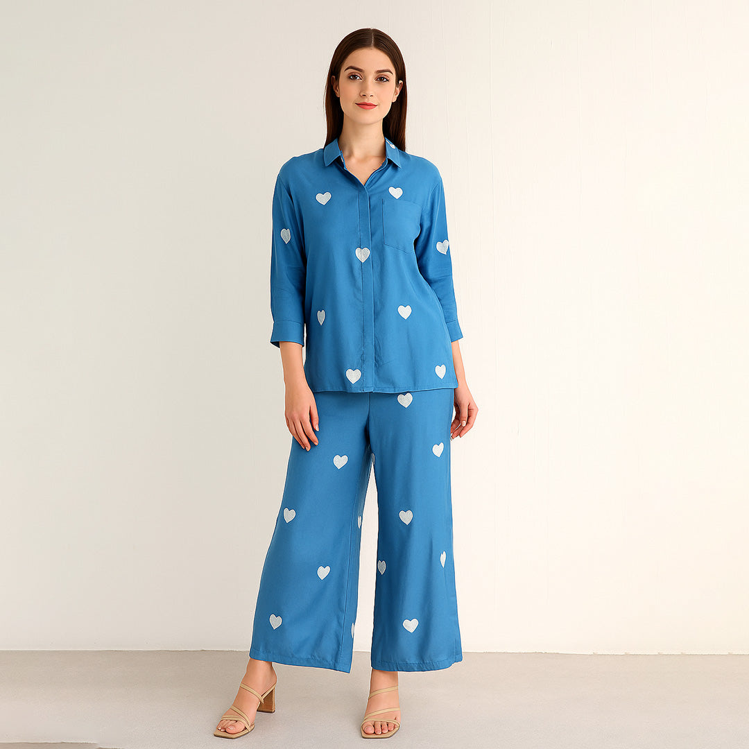 Blue Viscose Heart Embroidered Co-Ord Set
