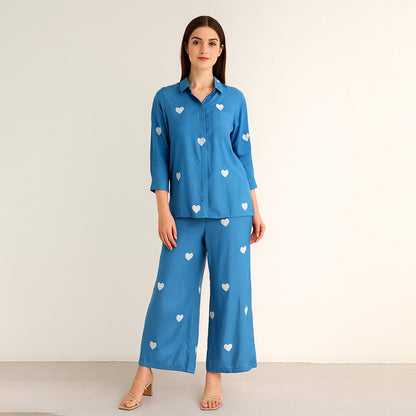 Blue Viscose Heart Embroidered Co-Ord Set