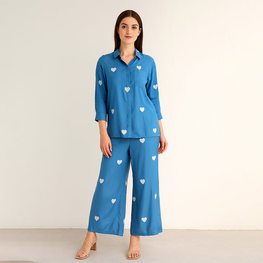 Blue Viscose Heart Embroidered Co-Ord Set