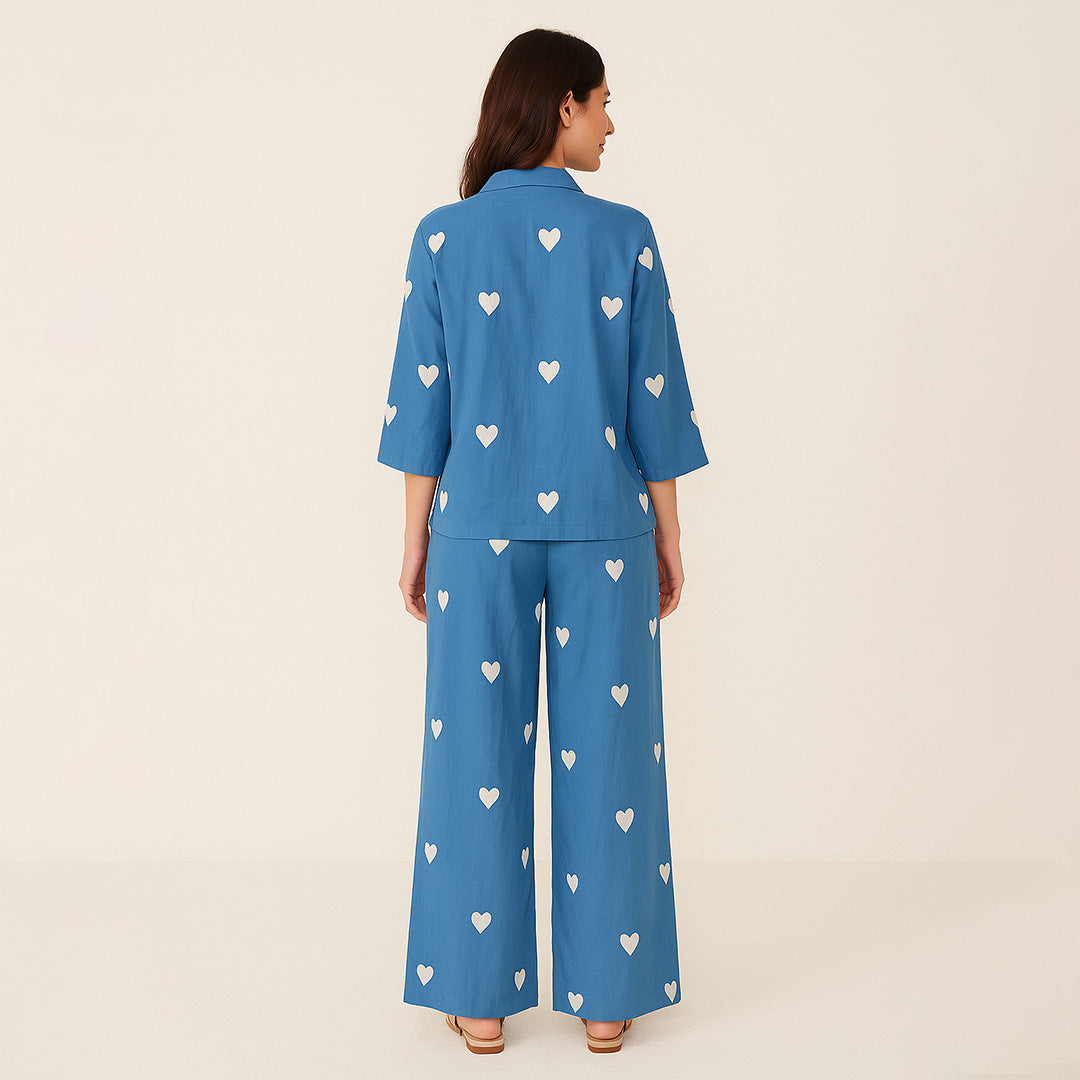 Blue Viscose Heart Embroidered Co-Ord Set