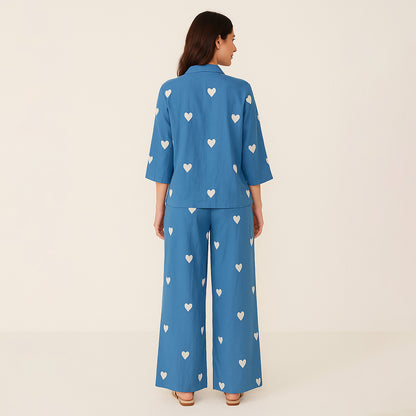 Blue Viscose Heart Embroidered Co-Ord Set