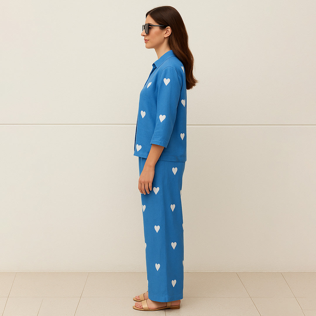 Blue Viscose Heart Embroidered Co-Ord Set