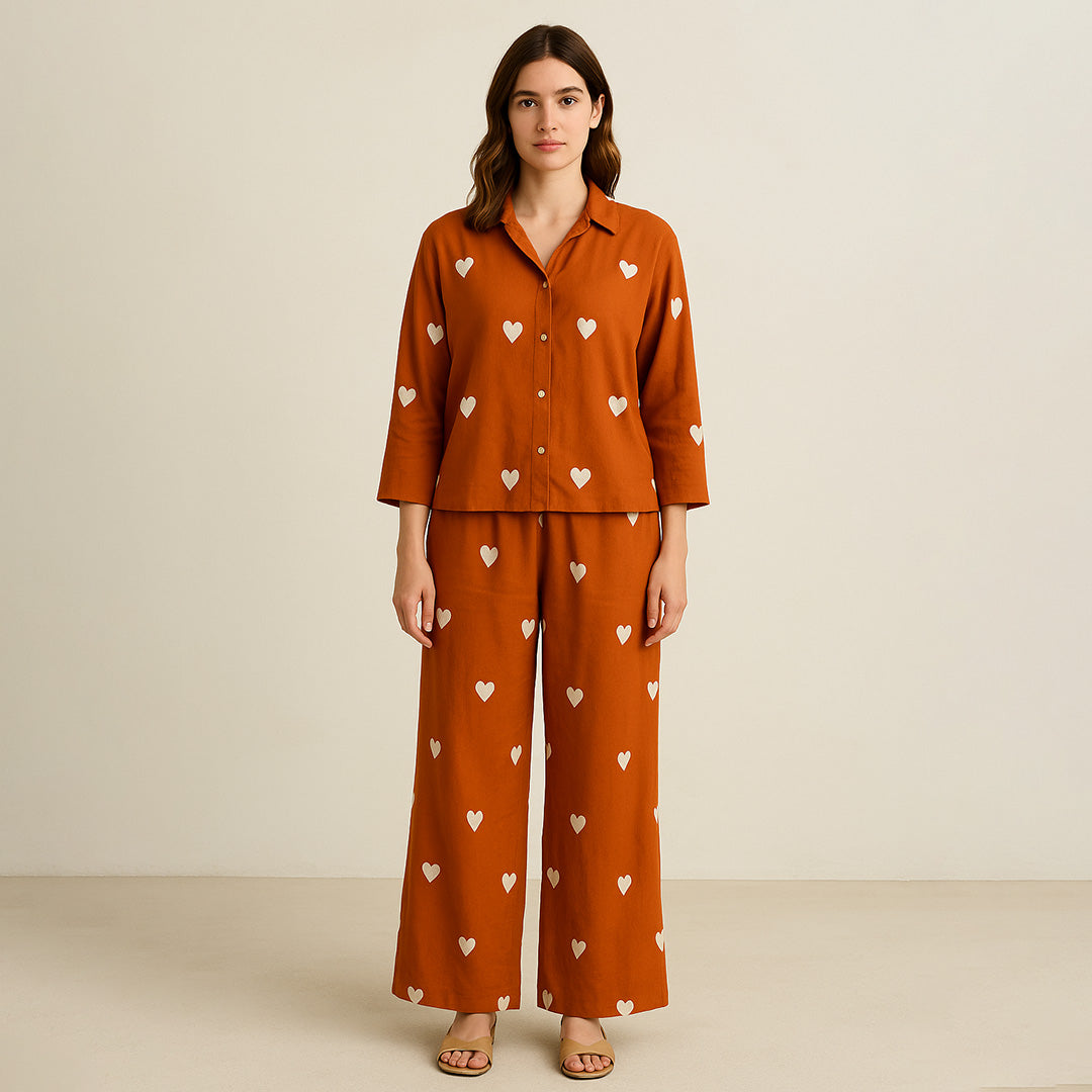 Coral Viscose Heart Embroidered Co-Ord Set