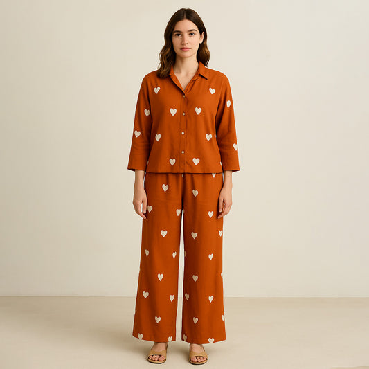 Coral Viscose Heart Embroidered Co-Ord Set