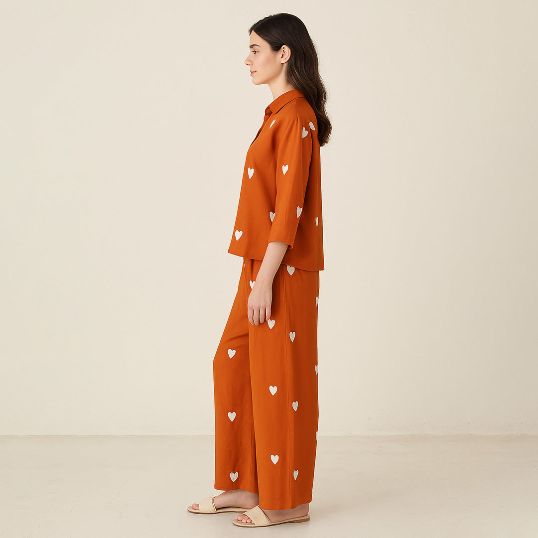Coral Viscose Heart Embroidered Co-Ord Set
