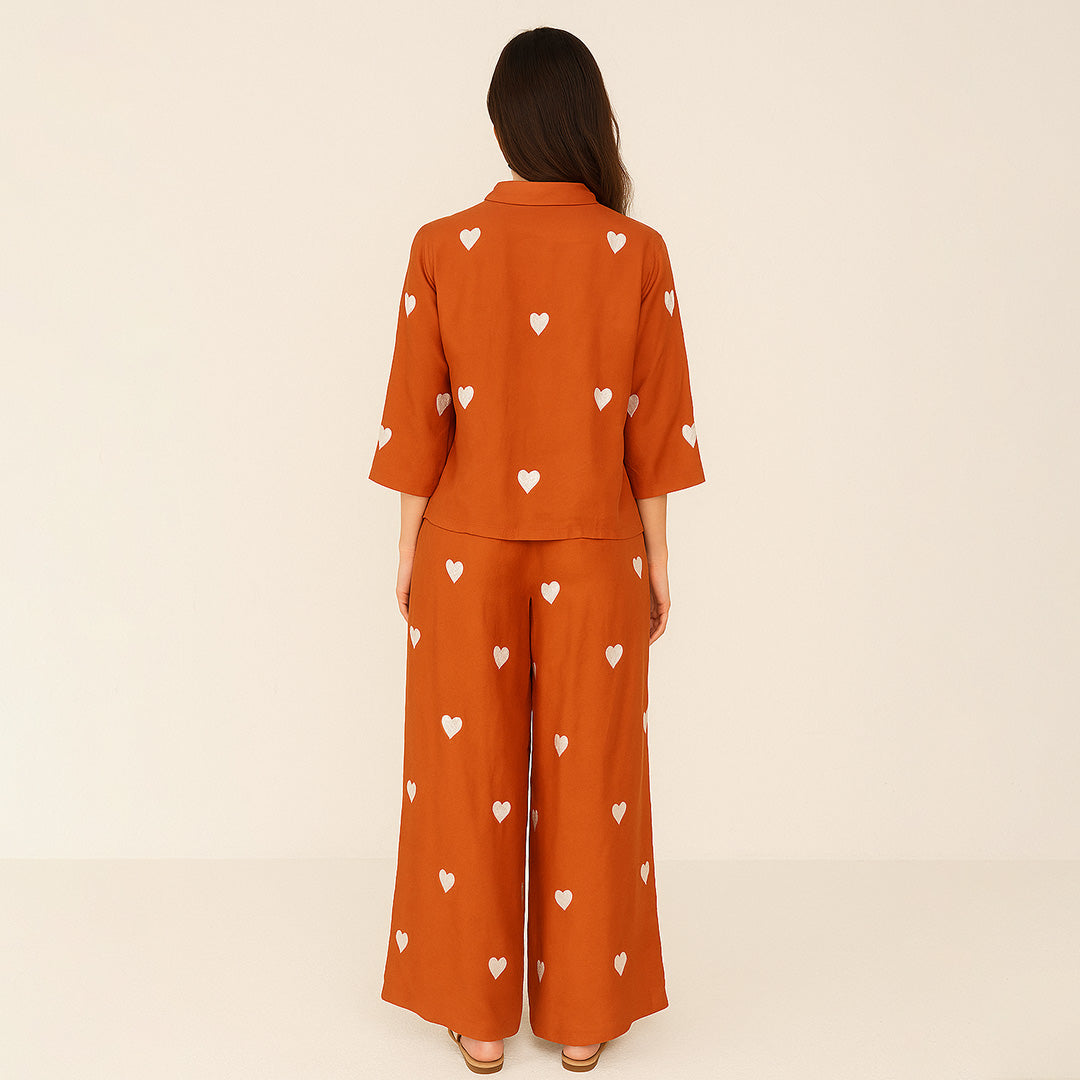 Coral Viscose Heart Embroidered Co-Ord Set