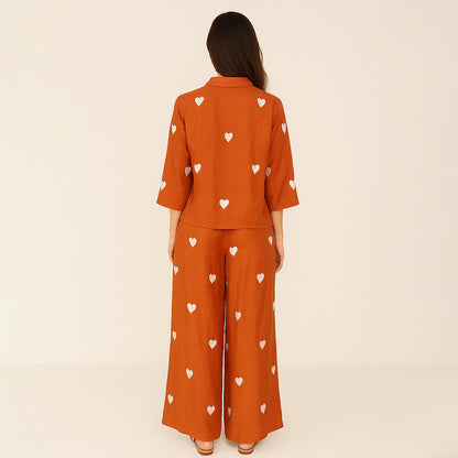 Coral Viscose Heart Embroidered Co-Ord Set