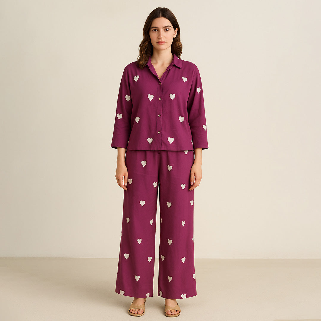 Berry Viscose Heart Embroidered Co-Ord Set